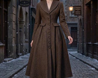 May include: A brown wool-blend coat dress featuring a notched lapel, a fitted bodice with a row of buttons down the front, and a flared midi-length skirt. The garment is paired with a matching brown beret and black lace-up boots.