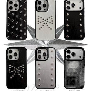 以下が含まれることがあります： 黒、白、シルバーの6種類のスマートフォンケース。スタッズや穴あき模様が特徴で、「Metal 001」「Metal 002」「Metal 003」「Skull 001」の文字がデザインされています。「Mii Studio」のブランド名も表示されています。