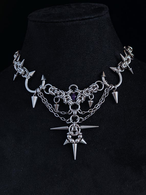 Handmade Gothic Layered Chainmail Necklace • Stainless Steel natural amethyst • Heavy Metal Statement Piece • Alternative Punk Jewelry