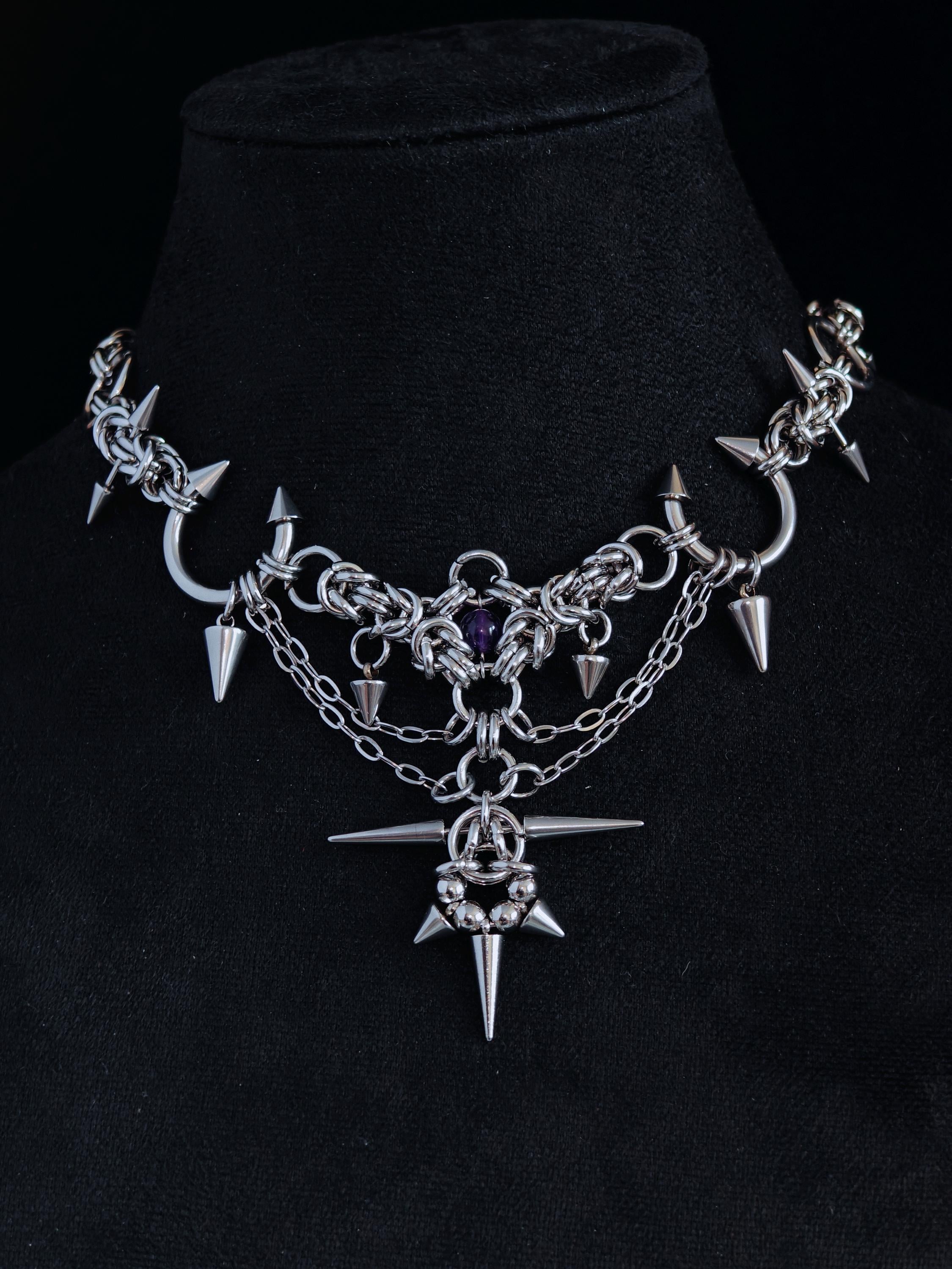 Handmade Gothic Layered Chainmail Necklace • Stainless Steel natural amethyst • Heavy Metal Statement Piece • Alternative Punk Jewelry