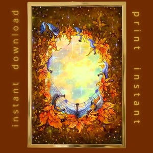 Op de afbeelding: Een artistieke print met een centraal ovaal omgeven door herfstbladeren en muzikale elementen. Het kunstwerk heeft een warm kleurenpalet van goud, oranje en blauw, met de woorden "instant download" en "print instant" aan de zijkanten.