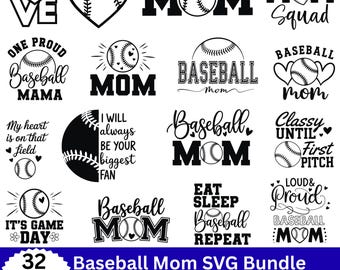Paquete de 32 archivos SVG de béisbol, diseño de camiseta de béisbol "Mom Life", SVG de mamá beisbolera, archivo de corte para mamá, diseño de camiseta de béisbol "Proud Baseball", paquete de archivos SVG deportivos