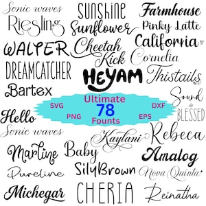 May include: A digital collection of 78 diverse typographic font styles displayed in black text on a white background. A central light blue oval contains the magenta text Ultimate 78 Founts, along with the file formats SVG, PNG, DXF, and EPS.