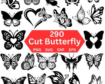 Paquete de archivos SVG de mariposas, 290 archivos PNG de mariposas, mariposas florales SVG, mariposas con forma de corazón SVG, archivos de corte para Cricut, Silhouette, diseño imprimible para sublimación.