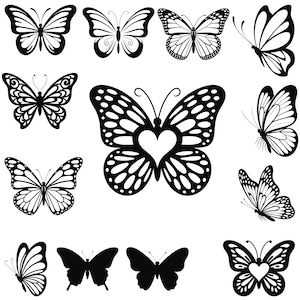 May include: A collection of black and white butterfly illustrations in various designs. Some butterflies have detailed wing patterns, while others are silhouettes. One butterfly features a heart shape in the center.