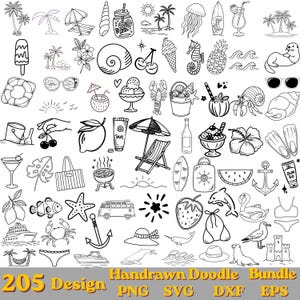 May include: A collection of 205 black and white hand-drawn summer-themed doodles featuring palm trees, beach gear, marine life, tropical fruits, and vacation icons. The image includes text at the bottom reading 205 Design Handdrawn Doodle Bundle.