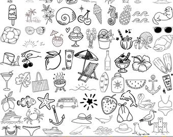 Paquete de archivos SVG de verano, SVG de garabatos de verano, imágenes prediseñadas PNG de costa dibujadas a mano, iconos de vacaciones en la playa, archivos de corte Cricut del océano, imágenes prediseñadas de fantasía costera