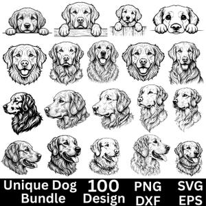 May include: A collection of black and white line art illustrations featuring various golden retriever dogs in different poses, including head portraits and dogs peeking over edges. The text at the bottom reads Unique Dog Bundle 100 Design PNG SVG DXF EPS.
