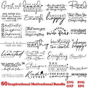 May include: A collection of black text designs featuring various inspirational quotes and phrases in diverse typography styles. The phrases include messages like Grit and Grace, You Are Loved and Beautiful, Choose Happy, and Mindset is Everything.