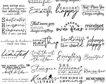 Citas inspiradoras en formato SVG, paquete de citas motivacionales en formato SVG, amor propio en formato SVG, afirmaciones en formato SVG para Cricut y Silhouette, diseños con frases positivas.