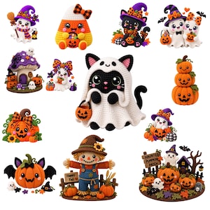 Könnte beinhalten: Eine Sammlung gehäkelter Halloween-Figuren, darunter Geister mit violetten Hüten, eine Zuckermais-Figur, schwarz-weiße Katzen in Kostümen, ein Stapel orangefarbener Kürbisse, eine Vogelscheuche und eine Szene mit einem gruseligen Kürbisfeld.