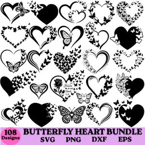 SVG-bundel vlinderhart | SvG-ontwerpen met liefdeshart | Hart gesneden vlinderbestanden | PnG, DXF, EPS | Digitale download Cricut en silhouet