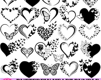 Paquete de archivos SVG de corazones con mariposas / Diseños SVG de corazones de amor / Archivos de corte de corazones con mariposas / PNG, DXF, EPS / Descarga digital para Cricut y Silhouette