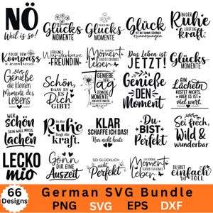 Peut inclure: Un ensemble de 66 motifs SVG allemands avec diverses citations et phrases inspirantes en police script noire. Les motifs incluent des mots comme "Glück" et "Moment" sur fond blanc. Le lot comprend des fichiers PNG, SVG, EPS et DXF.