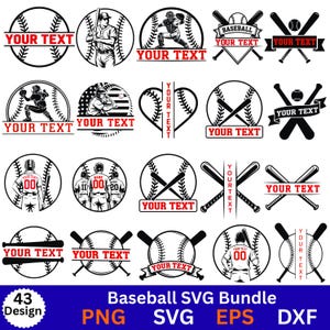 Op de afbeelding: Een verzameling van 43 honkbal-thema SVG-ontwerpen in zwart en wit. De ontwerpen omvatten honkballen, knuppels, spelers en tekstgebieden voor aanpassing. Beschikbaar in PNG-, SVG-, EPS- en DXF-formaten.