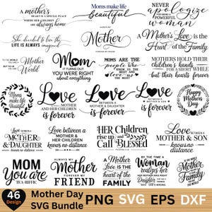 Può includere: Una collezione di 46 design per la festa della mamma in formati SVG, PNG, EPS e DXF. I design presentano varie citazioni e frasi su madri, amore e famiglia, in una varietà di font e stili eleganti.