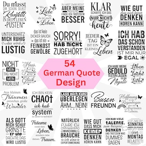 Op de afbeelding: Een verzameling van 54 zwart-wit Duitse citaatontwerpen met diverse typografische stijlen, vlinderillustraties en zinnen zoals Du musst dir schon selbst Konfetti in dein Leben pusten en Ich bin kein Chaos ich hab System.