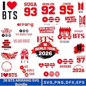 May include: A collection of red and black BTS-themed graphics. Includes text like "I BTS", "World Tour 2026", and member names with numbers. Also features the word "Arirang" and various logo designs.