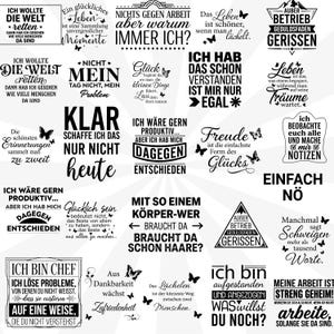 May include: A collection of black text designs on a white background featuring various German phrases, motivational quotes, and humorous sayings, accented with small butterfly illustrations and diverse typography styles arranged in a grid layout.