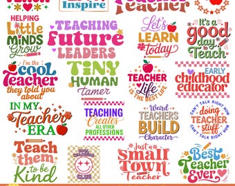Paquete de archivos SVG para profesores, 40 frases coloridas para profesores en formato PNG, archivos Cricut para la vuelta al cole, diseño de camisetas para profesores, archivos de corte, diseño de sublimación para Cricut en formato SVG.