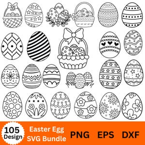 Könnte beinhalten: Eine Sammlung von schwarz-weißen Osterei-Designs, darunter verschiedene Muster wie Sterne, Streifen und Blumenmotive. Einige Eier befinden sich in Körben. Der Text "105 Design Easter Egg SVG Bundle PNG EPS DXF" ist ebenfalls enthalten.