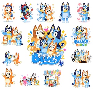 May include: A collection of colorful cartoon stickers featuring the Bluey characters in various poses, including playing music, hugging, and standing together. The designs include the text Bluey and Bingo in bright blue, orange, and yellow fonts.