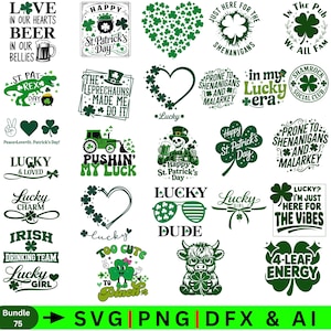 Puede incluir: Una colección de gráficos con temática del Día de San Patricio en verde y blanco. Los diseños incluyen tréboles, corazones, jarras de cerveza y frases como "Lucky Dude" e "In the Pub We All Fam". La imagen también incluye el texto "SVG PNG DFX & AI".
