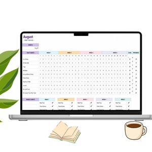 May include: A laptop screen displaying an August habit tracker template with columns for weeks, daily habits, and progress. The interface includes rows for tasks like water intake, walking, yoga, and meditation, alongside a weekly habit checklist section.