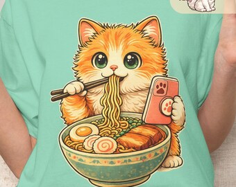 Comfort Colors Cat Ramen T-shirt, Kawaii kattunge som äter nudlar grafisk t-shirt