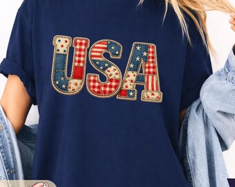 Comfort Colors® 4 juli-skjorta, FAUX Patchwork USA-skjorta, Retro amerikansk skjorta, Patriotisk skjorta, Fjärde juli-skjorta, Patriotismskjorta