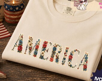 Comfort Colors® Amerikaskjorta, Patriotisk blom-T-shirt, Självständighetsdagen-T-shirt, Blommig T-shirt, 4 juli, Vintage Amerikaskjorta