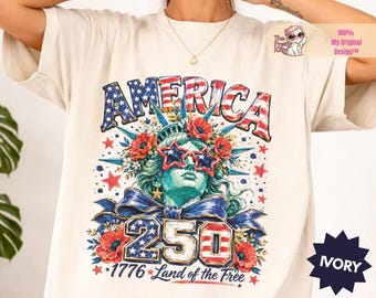 Frihetsgudinnans skjorta med penseldrag, Frihetsgudinnans skjorta, 4 juli-skjorta, 250-årsjubileum, Amerika grundat 1776, USA-skjorta, amerikansk rosett