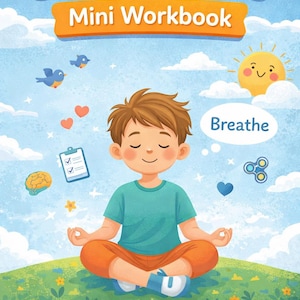 Puede incluir: Portada de libro infantil "CALM & FOCUS Mini Workbook". La ilustración muestra a un niño meditando en posición de loto, rodeado de corazones, pájaros y un sol sonriente. El texto en la parte inferior dice "ADHD Activities for Ages 4-8".