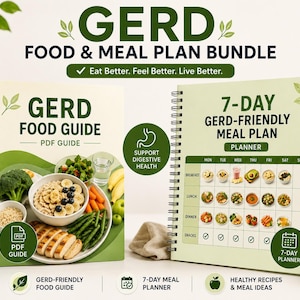 Puede incluir: Un paquete de guía de alimentos y plan de comidas GERD que incluye una guía de alimentos en espiral con un plato de comida saludable y un planificador de comidas de 7 días con una cuadrícula semanal de imágenes de comidas para la salud digestiva.