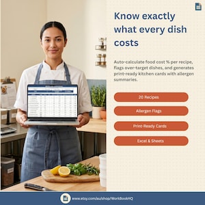 May include: A person in a chef's uniform holds a laptop displaying a spreadsheet. The image includes text: "Know exactly what every dish costs." Additional text highlights features like "20 Recipes" and "Allergen Flags."