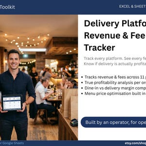 Pode incluir: Um homem de camisa azul escuro segura um tablet exibindo uma planilha. A imagem promove um "Delivery Platform Revenue & Fee Tracker" para Excel e Google Sheets. O texto detalha recursos como rastreamento de receita em 11 plataformas.