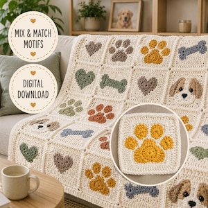 Può includere: Una coperta all'uncinetto color crema con una griglia di motivi quadrati che raffigurano volti di cane, impronte di zampe, cuori e ossa in tonalità terra. Il testo sull'immagine recita MIX & MATCH MOTIFS e DIGITAL DOWNLOAD.