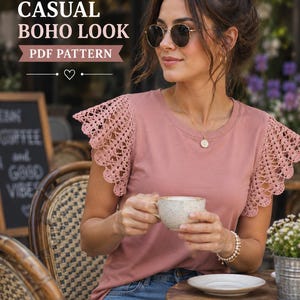 May include: A dusty rose t-shirt featuring intricate crochet flutter sleeves, a round neckline, and a solid knit bodice. The image includes the text CASUAL BOHO LOOK PDF PATTERN. The garment is paired with blue denim jeans and a gold pendant necklace.