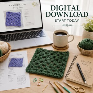 May include: A digital download crochet pattern for a granny square displayed on a laptop screen, accompanied by a dark green crocheted square, a printed pattern sheet, a notebook labeled Crochet Notes, a pen, scissors, and crochet hooks.