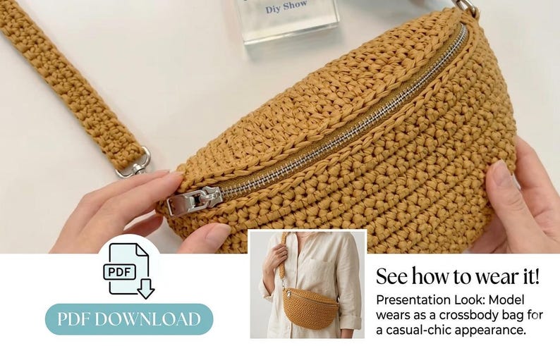May include: A crocheted fanny pack in a warm tan color with a silver zipper and strap. The bag is shown with a PDF download icon and the text "See how to wear it!" and "PDF DOWNLOAD".