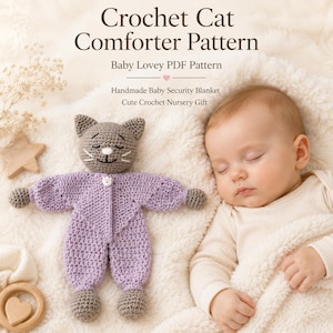 May include: A handmade crochet cat comforter in lavender and gray, designed as a baby security blanket. The cat-shaped comforter has a button closure and is next to a sleeping baby. The image also includes a wooden star and a wooden teething ring.
