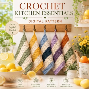 Peut inclure: Un modèle numérique pour des essentiels de cuisine au crochet avec cinq torchons suspendus à rayures diagonales vertes, jaunes, bleues, violettes et orange avec du crème. Le texte indique CROCHET KITCHEN ESSENTIALS DIGITAL PATTERN.