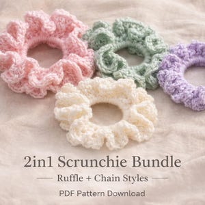 May include: A collection of five handmade crochet scrunchies in various pastel colors: pink, green, lavender, and cream. The scrunchies feature a ruffled design. Text on the image reads "2in1 Scrunchie Bundle - Ruffle + Chain Styles - PDF Pattern Download."