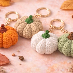 Può includere: Quattro portachiavi a forma di zucca all'uncinetto in arancione, beige, bianco e verde, ciascuno con un portachiavi dorato. Le zucche hanno steli verdi o marroni. Foglie autunnali e piccoli elementi decorativi circondano le zucche.
