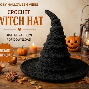 May include: A black crochet witch hat with a pointed, slightly curved top and a wide brim. The text reads: COZY HALLOWEEN VIBES, CROCHET WITCH HAT, DIGITAL PATTERN PDF DOWNLOAD, INSTANT DOWNLOAD. The hat is displayed alongside pumpkins and lanterns.