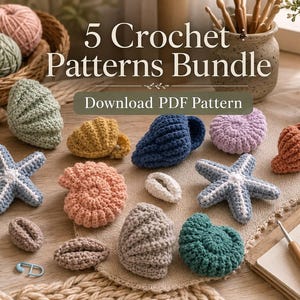 May include: A selection of crocheted sea creatures, such as starfish and shells, in a variety of colours. The image also shows yarn balls, scissors, and a notebook with the text "Ocean Inspired". The text "5 Crochet Patterns Bundle" is visible.