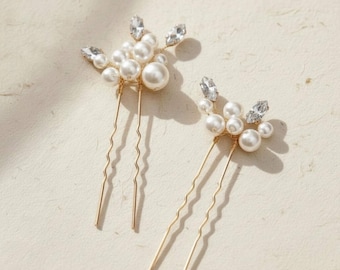 Conjunto de horquillas de boda de perlas y cristal para novias en oro, plata y oro rosa.