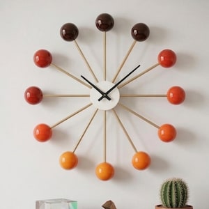 Mid Century Modern Starburst Clock, Orange Brown Spheres, Gold Rods, Retro Wall Art
