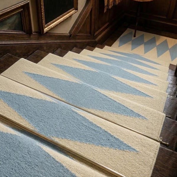 Handwoven Wool Blue Stair Runner | Customizable Geometric Carpet for Hallway, Entryway
