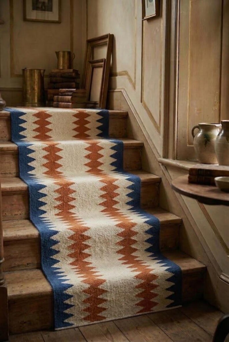 Stair Runner Rug Pattern Handwoven Wool Blue & Terracotta Stair Runner | Customizable Geometric ...
